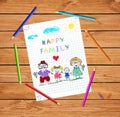 Children colorful hand drawn vector illustration of man, woman and children holding hands together Royalty Free Stock Photo