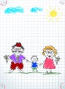 Children colorful pencil drawings of grandpa, grandma and grandson together