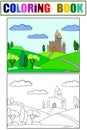 Children coloring book and color example, set. Fairytale castle on the horizon, nature.
