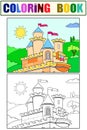 Children coloring book and color example, set. Fairytale castle on the horizon, nature.