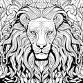 Children coloring book, Lion head, zentangle pattern. Raster generative ai, black lines