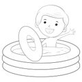 A children coloring book,page a playing boy with the water image for relaxing.Line art style illustration for print Royalty Free Stock Photo