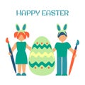 Children coloring Easter eggs Happy Easter card Flat vector illustration Royalty Free Stock Photo