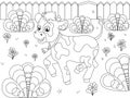 Children coloring, farm animal. The calf plays in the clearing. Raster cartoon Royalty Free Stock Photo