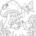 Children coloring, gnome sees under mushroom and communicates with insects and slugs. Black lines, white background.