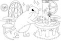 Children coloring. Mink mouse, home interior. Raster cartoon