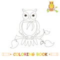 Children coloring page vector illustration, cute owl in monochrome and colour version for kids