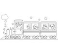 Children coloring, train with babies. Black lines, white background. Cartoon raster