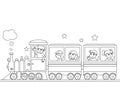 Children coloring, train with babies. Black lines, white background. Cartoon vector