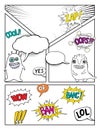 Children comic book template, mock up with empty speech bubbles and cute monsters