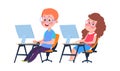 Children and computer science. Informatics lesson, cartoon boy girl at desks with monitors. Kids learn coding vector