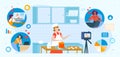 Children cook online for tv show vector illustration, cartoon flat child character cooking pancakes in kitchen