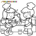 Children cooking in the kitchen. Vector black and white coloring page.