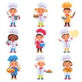 Children cooks. Little chefs with kitchen tools. Boys and girls cooking food. Cookers hats and workwear. Professional