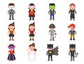 children costume Halloween character such as witch, pirate, skeleton, angel in flat design for trick or treat poster