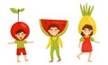 Children in costumes of berries and exotic fruits. Vector illustration. Royalty Free Stock Photo