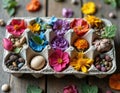 Children create Easter decorations using egg cartons. They arrange natural items and craft flowers in each cup. One egg is Royalty Free Stock Photo