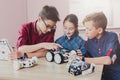 Stem education. Kids creating robots at school Royalty Free Stock Photo