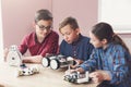 Stem education. Kids creating robots at school Royalty Free Stock Photo