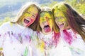 Children with creative body art. Crazy hipster girls. autumn weather. colorful neon paint makeup. Happy youth party Royalty Free Stock Photo