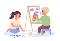 Children creative hobby concept. Girl and boy drawing with paint