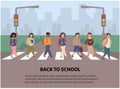 Children crossing street along crosswalk. Kids going back to school concept. School pupil walking across pedestrian Royalty Free Stock Photo