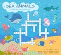 Children crossword sea animals. Colorful underwater animal puzzle game for kids. English words quiz with turtle octopus Royalty Free Stock Photo