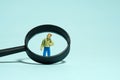 Children curiosity concept. A boy kindergarten student standing with black magnifier glass Royalty Free Stock Photo