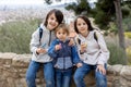 Children, cute boys, playing with ceramic clay whistle in the form of bird, souvenir from park Guell in Barcelona Royalty Free Stock Photo