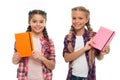 Children cute girls hold notepads or diaries isolated on white background. Note secrets down in your cute girly diary