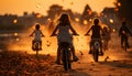 Children cycling in the sunset, enjoying carefree fun and togetherness generated by AI