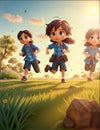 children 3d cartoon with natural autumn background illustration , ai generative