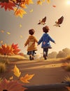 children 3d cartoon with natural autumn background illustration , ai generative
