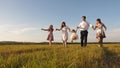 Children, dad and mom play in meadow in the sunshine. mother, father and little daughter with sisters walking in field Royalty Free Stock Photo