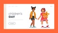 Children Day Landing Page Template. Little Girls Characters Playing and Smiling. African and Caucasian Child Friendship