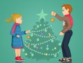 Children decorate the Christmas pine tree