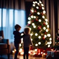 Children decorate Christmas tree evening blurred lights