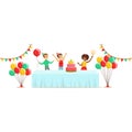 Children With The Decorated Table, Kids Birthday Party Scene With Cartoon Smiling Character Royalty Free Stock Photo