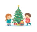 Children decorating Christmas tree isolated on white background. Cute characters, christmas and new year