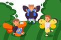 Children with decorative butterfly wings on backs walk outside vector illustration. Children play butterflies in meadow