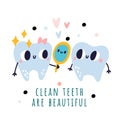 Children dentistry banner. Cartoon teeth characters. Everyday oral hygiene steps. Molars look at mirror. Mascots with Royalty Free Stock Photo