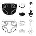 Children diapers, a toy over the crib, a rattle, a children bath. Baby born set collection icons in black,outline style Royalty Free Stock Photo