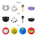 Children diapers, a toy over the crib, a rattle, a children bath. Baby born set collection icons in cartoon,black,flat