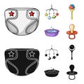 Children diapers, a toy over the crib, a rattle, a children bath. Baby born set collection icons in cartoon,black style Royalty Free Stock Photo