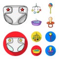 Children diapers, a toy over the crib, a rattle, a children bath. Baby born set collection icons in cartoon,flat style