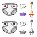 Children diapers, a toy over the crib, a rattle, a children bath. Baby born set collection icons in cartoon,monochrome