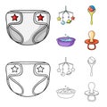 Children diapers, a toy over the crib, a rattle, a children bath. Baby born set collection icons in cartoon,outline Royalty Free Stock Photo