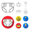 Children diapers, a toy over the crib, a rattle, a children bath. Baby born set collection icons in outline,flat style