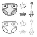 Children diapers, a toy over the crib, a rattle, a children bath. Baby born set collection icons in outline,monochrome