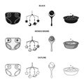 Children diapers, a toy over the crib, a rattle, a children`s bath. Baby born set collection icons in black,monochrome